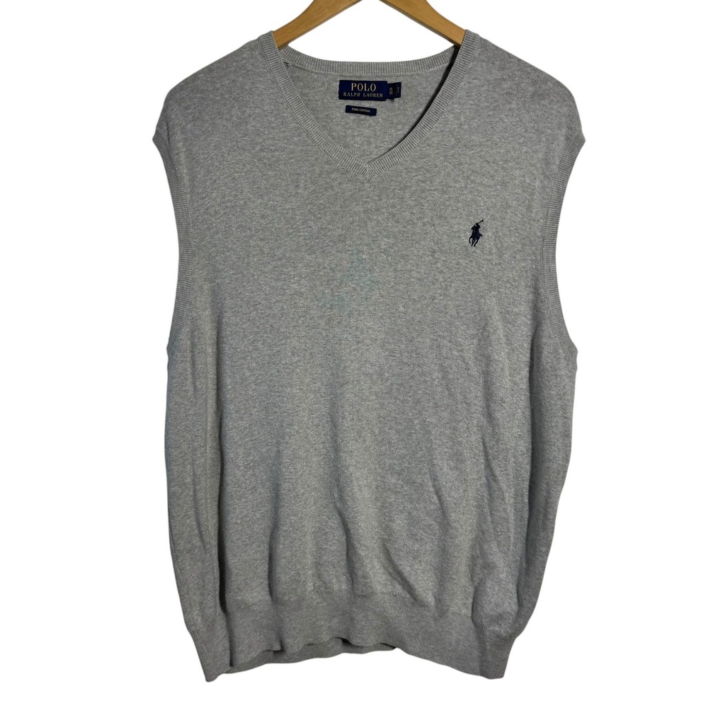 Polo Ralph Lauren Mens‎ XL Gray Pima Cotton V-Neck Sweater Vest Navy Blue Pony